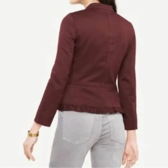 New Ann Taylor Ruffle Twill Moto Jacket Blazer Zipper Vino Wine - Picture 3 of 10